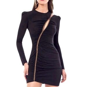 New Helsi Long Sleeve Black Mini Dress‎ XS Gold Jewel Embellished Detail $475